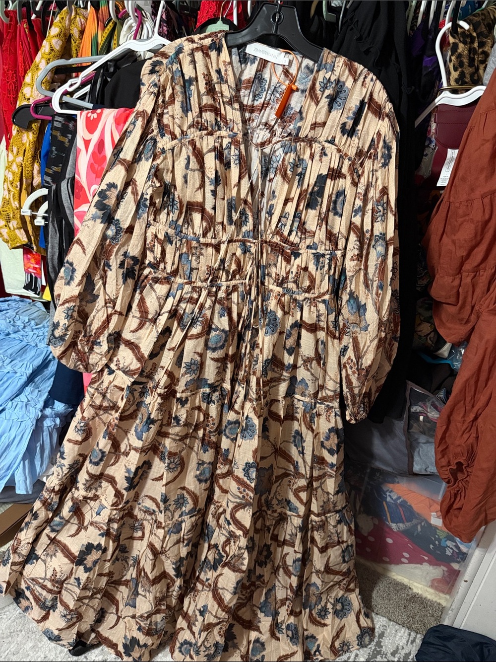 Zimmermann Beige Floral Tiered Maxi Dress with Blue Accents